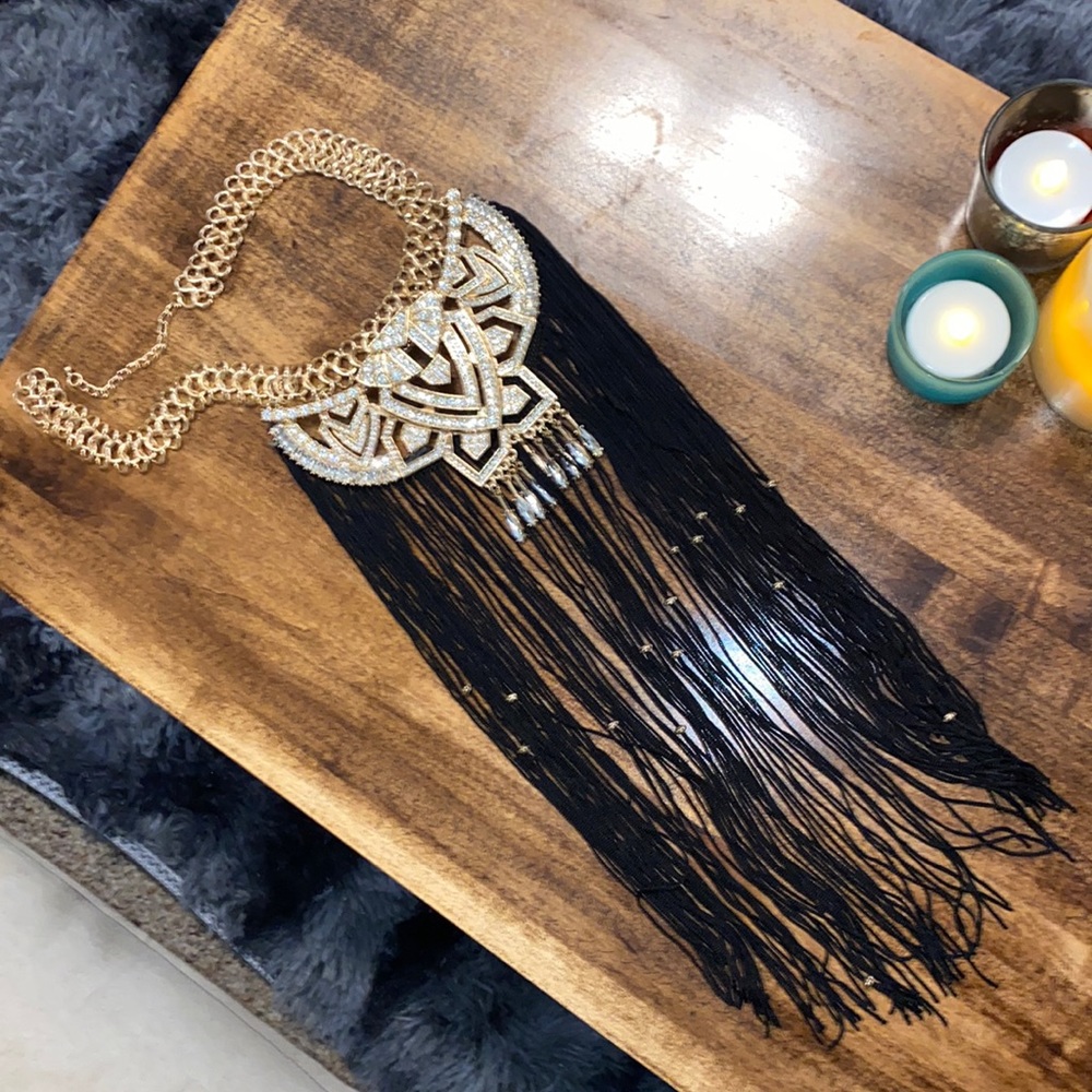 Gold black rhinestone fringe collar statement necklace.